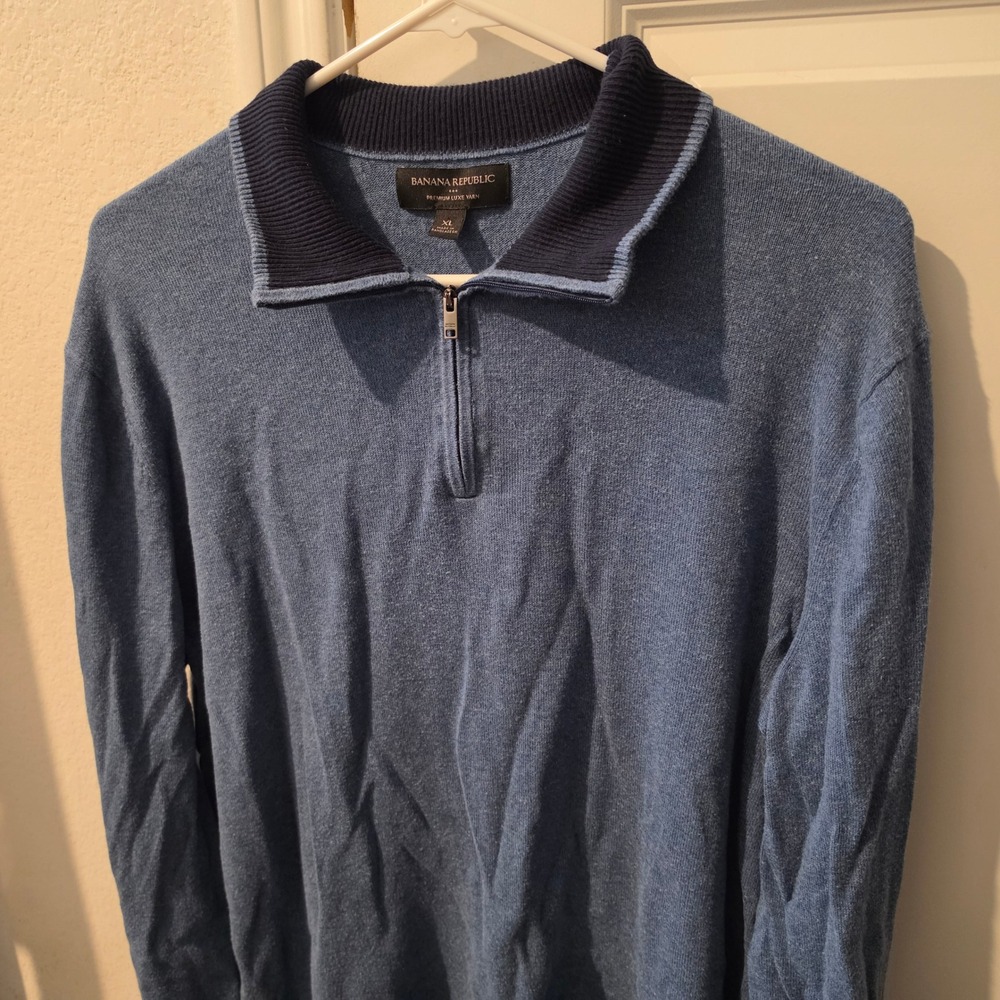 Banana Republic Mens XL Blue Silk Cashmere Blend Quarter Zip Sweater Luxe Yarn